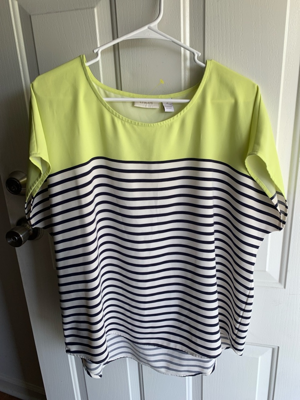 Chico's Neon Yellow and Navy Striped Short Sleeve Top